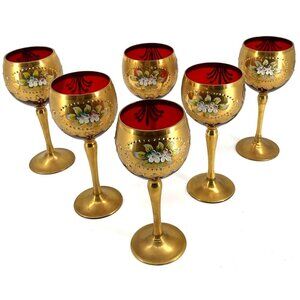 Mid-Century T.M.J. Ruby Red 24kt Overlaid Gold Blown Hand Painted 6 Wine Hocks